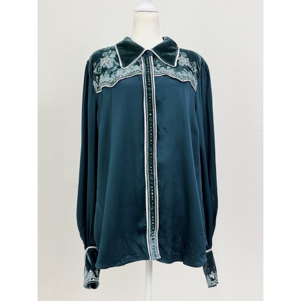 Vintage Shyanne Velvet Trim Embroidered Western Blouse XL Green Boho - Picture 1 of 9